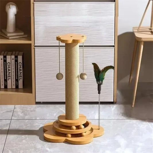Solid Wood Cat Tree Tower with Turnable Stick Balls, Sisal Scratching Board 3 in 1