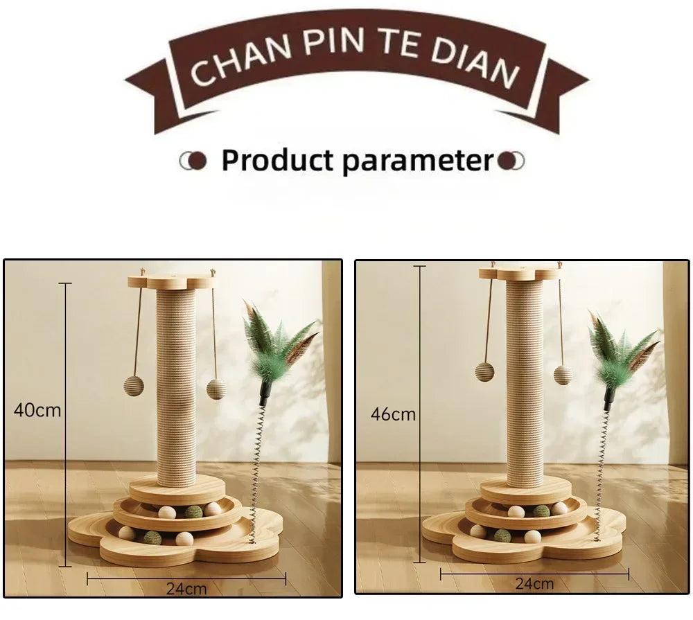Solid Wood Cat Tree Tower with Turnable Stick Balls, Sisal Scratching Board 3 in 1