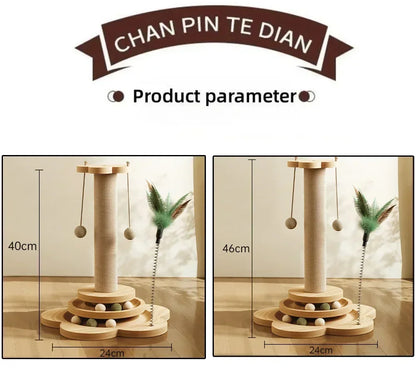 Solid Wood Cat Tree Tower with Turnable Stick Balls, Sisal Scratching Board 3 in 1