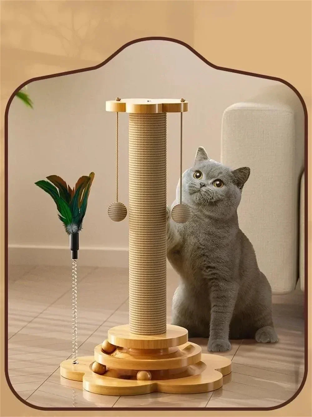 Solid Wood Cat Tree Tower with Turnable Stick Balls, Sisal Scratching Board 3 in 1