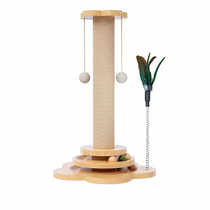 Solid Wood Cat Tree Tower with Turnable Stick Balls, Sisal Scratching Board 3 in 1